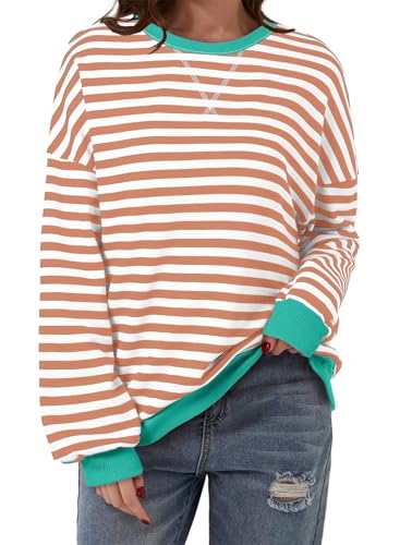 Image of AlvaQ Womens Oversized Sweatshirt 2024 Casual Crewneck Long Sleeve Colorblock Striped Pullover Tunic Tops Outfits