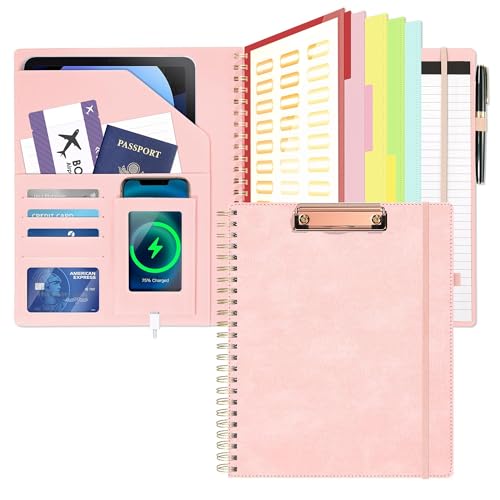 Image of Clipboard with Storage for Men Women, Leather Padfolio Portfolio Organizer 5 Folders with 10 Pockets, Spiral Clipboard Folio with Notepad for Letter Size, Elastic Closure and Pen Loop Pink