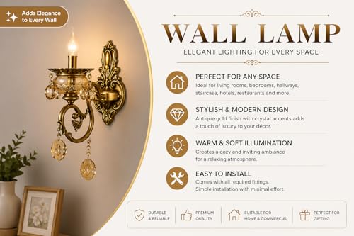 Image of Italian Wall Lamp, Antique Gold Finish, Single Light Wall Lamp with Decorative Crystals with Filament Bulb (Warm White) (Corded Electric, Glass)