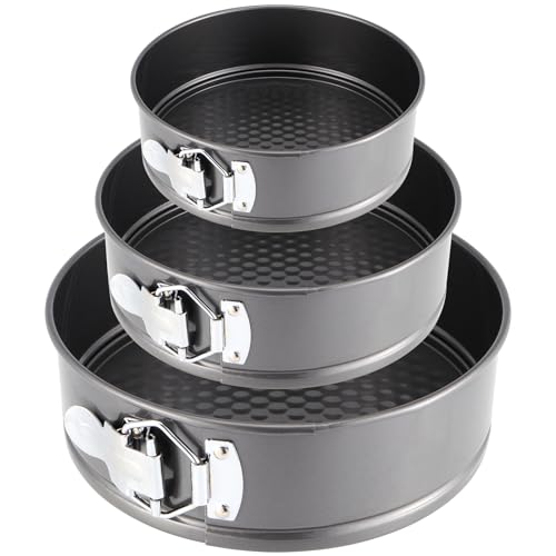 KEILEOHO 3 er Kuchenformen Rund Set 16/18/20 cm, Kuchenformen Auslaufsicher, Runde Springform, mit Abnehmbarem Boden und Metallverschluss, für Kuchen, Brot, Käse, Schwarz