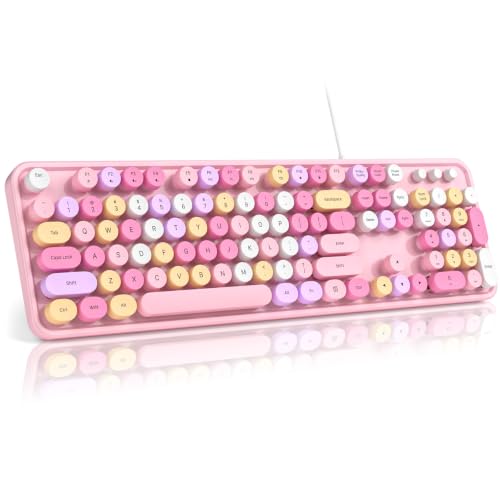 Image of MOFII Computer Keyboard Wired,Round Key Retro Typewriter Keyboard Full Size | USB Plug and Play, for Laptop, PC, Desktop, Windows (Pink Colorful)