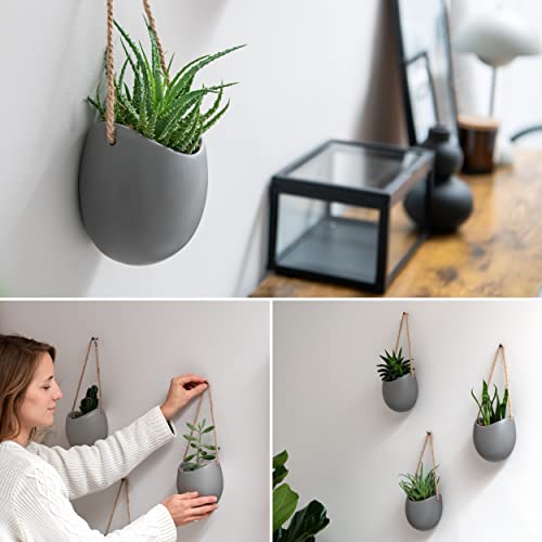 Kazai. Wall Planters -Ellie- | Hanging Ceramic Plant Pots 3 Pieces | Wall Decoration For Indoors, Balcony And Garden | Grey (Matte) #TOP2