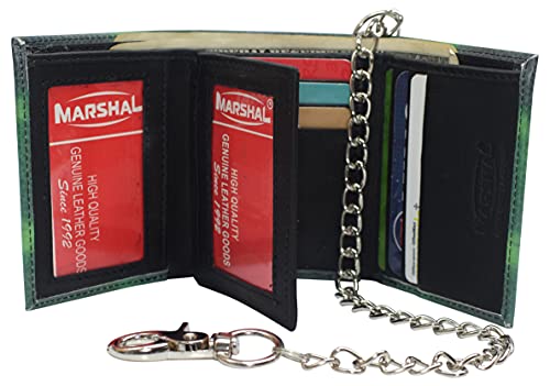 MARSHAL Mens Chain Biker Genuine Leather Classic Trifold Logo Wallets (Marijuana Leaf)2
