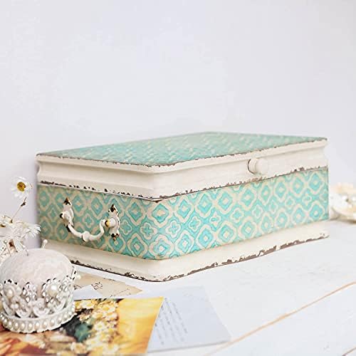 NIKKY HOME Large Wooden Keepsake Box with Hinged Lid, Hand-Painted Vintage Decorative Memory Storage Stash Box, 13 x 9.1 x 4.9 Inches, Pale Blue and Ivory