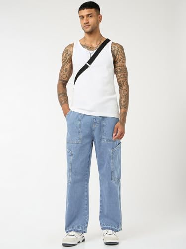Image of Bewakoof Men's Washed Straight Fit Pure Cotton Cargo Jeans