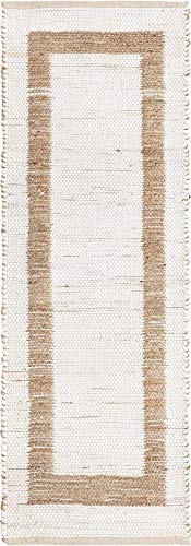 Image of Unique Loom Chindi Jute Collection Casual, Modern, Bohemian, Border Area Rug (2' 2 x 6' 0 Runner, White /Natural)