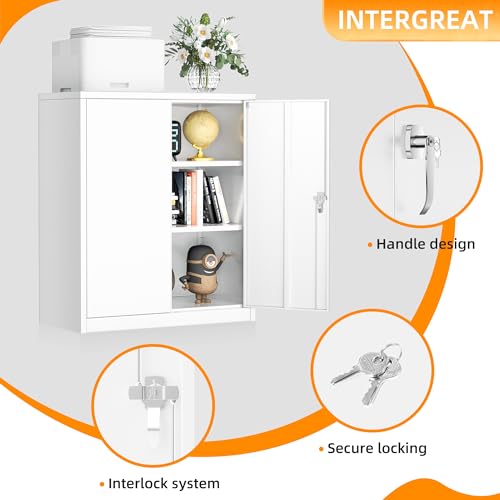 INTERGREAT Metal Cabinet with Lock, Lockable Metal Storage Cabinets with Doors and Shelves for Garage, White Locking Garage Storage Cabinets 36"×32"×16"