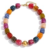 Mchic Colorful Beaded Choker Necklace for Women: Adjustable Boho Chunky Colorful Beads Strand Necklace Acrylic Square Bead Jewelry Summer Beach Vibe Handmade Stainless Steel Necklace Gift