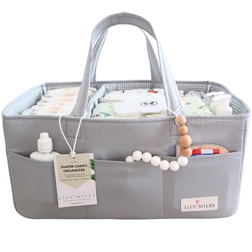 Image of Lily Miles Diaper Caddy Organizer with 8 Pockets, Wipeable Baby Caddy Basket for Diapers and Wipes, Baby Registry Favorites, Nursery Tote Bag for Changing Table or Car (Heather Grey, Large)