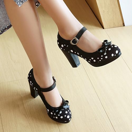 Alyaafifa Chunky High Heel Pumps for Women Platform Ankle Strap Mary Jane Closed Round Toe Polka Dot Dress Shoes with Bow Party Evening Prom Wedding3