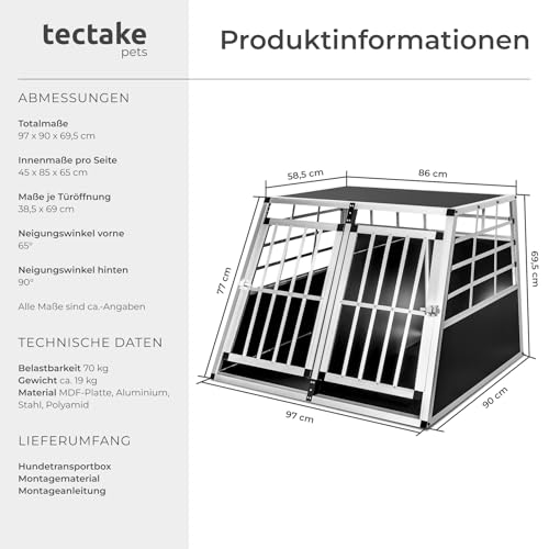 tectake® Doppel Hundebox Auto oder Hundebox für Zuhause. Aluminium XL Hundetransportbox, leicht und stabil, Auto Kofferraum Transportbox mit Trennwand für bis zu 2 Hunde - 97 x 90 x 69,5 cm