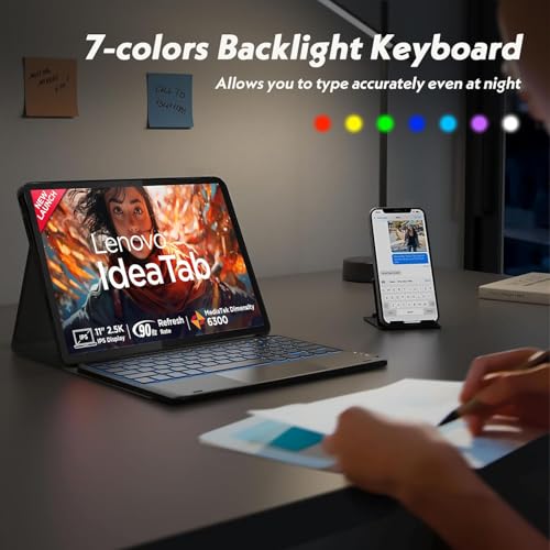Image of HOM Tri-Fold 7-Colour Backlight Detachable Wireless Bluetooth Keyboard with Trackpad /Touchpad Tablet Cover Case for Lenovo idea Tab 11-inch Tablet - Black