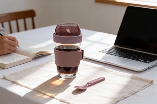 Image of Stegl Glass Yogurt & Coffee Cup 400ml with Dual-Compartment Topping Lid, One-Hand Flip Click Lock, Spoon & Silicone Sleeve - For Overnight Oats, Cereal, Fruit & Coffee Snacks