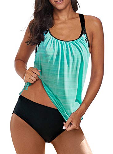 Jusfoouo Tankini Damen Bauchweg Damen Sport Tankini Badeanzug Zweiteiliger Badeanzug mit Hot Pants Hellblau Large Cover