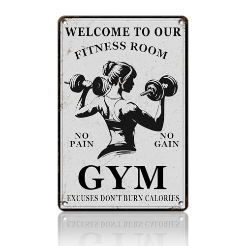 PEACHGARDEN Letrero de metal con texto en inglés «Welcome To Our Fitness Room» para gimnasio, hogar, levantamiento de pesas, entrenamiento, cueva de hombre, decoración de pared, 8 x 12 pulgadas