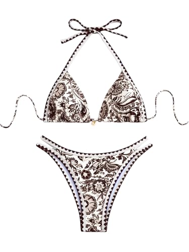 Image of BYFINECANY Women's Floral Printed Bathing Suit Halter Paisley Summer Swimsuit Bikinis Set