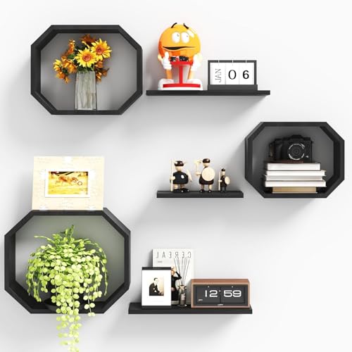 Image of Wall Mounted Floating Shelves Set of 6, Multipurpose Display, Book, Storage & Decor Shelves, Octagon Shape Wooden Wall Shelf for Living Room, Bedroom, Kitchen (Black)