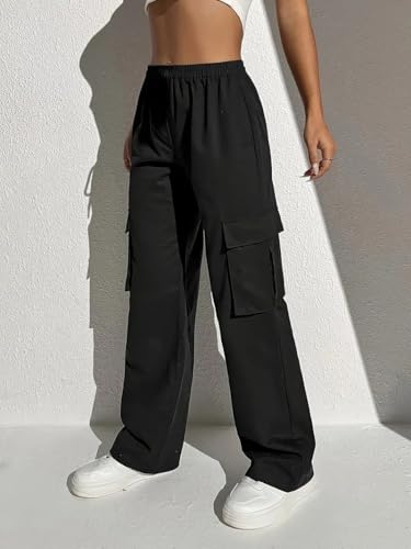 Image of Leriya Fashion Women Poly Lycra High Waist Cargo Pants | Elastic Waist Wide Leg Baggy Trousers for Women | Multi Pocket Casual Streetwear Parachute Style Pants for Girls, Travel, Gym