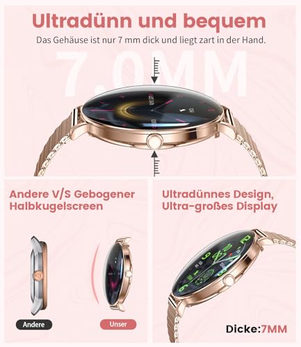Smartwatch Damen Leichte mit Ultradünn Gebogen AMOLED-Bildschirm Telefonfunktion Schrittzähler/Menstruationszyklus/Herzfrequenz IP68 Wasserfest 100+ Sportmodi Smartwatch für Damen Mädchen Android iOS – Bild 3