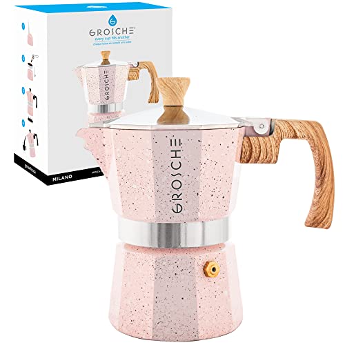 Image of GROSCHE Milano Moka pot, Stovetop Espresso maker, Greca Coffee Maker, Stovetop coffee maker and espresso maker percolator (Pink, 3 cup)