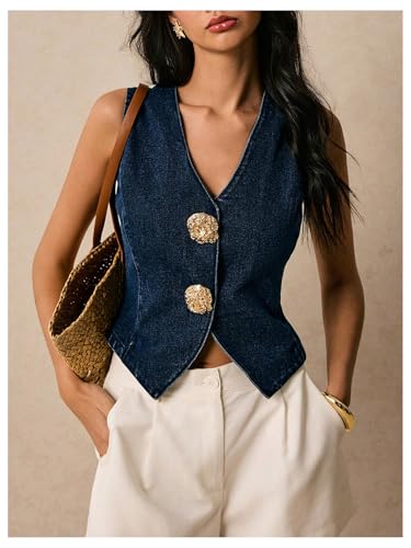 OYOANGLE Women's Denim Vest Metal Decor Sleeveless V Neck Jean Vest Going Out Tops2