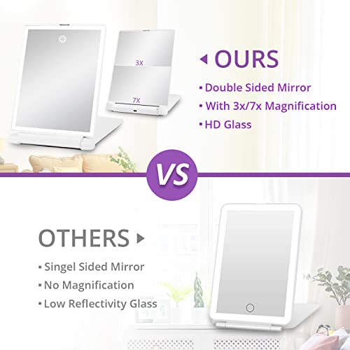 Fabuday Travel Lighted Magnifying Mirror With Lights - Rechargeable 1X/3X/7X Vanity Makeup Mirror With 3 Color Lighting, Light Up Led Compact Mirror, Desk Folding Cosmetic Mirror With Bag #TOP5