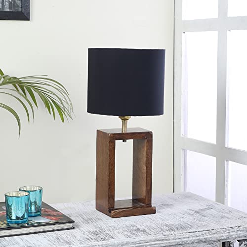 Image of tu casa Handcrafted Mango Wood Table Lamp with Pleated Black Cotton Fabric Shade | Elegant Bedside Night Lamp for Bedroom & Living Room