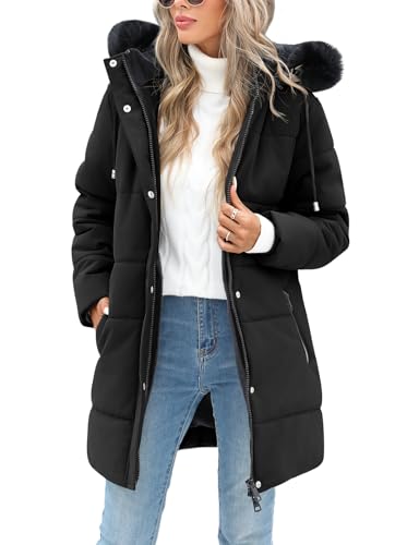 RITOSTA Women's Quilted Winter Coat with Removable Faux Fur Hood, Black, S