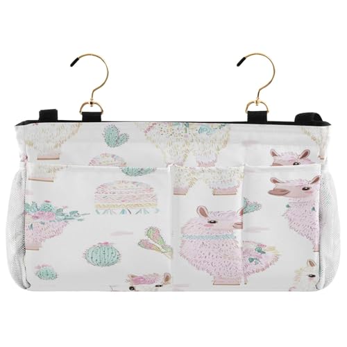 BOESI Doodle Cute Alpaca & Cactus Pattern Bedside Storage Hanging Bag, Hanging Storage Basket, Suitable for Storing Cell Phones, Water Bottles, Books