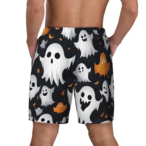 Cute White Ghost Halloween Pattern Men's Soft Double Swim Shorts, Lounge Swiming Shorts Pants Breathable Summer4