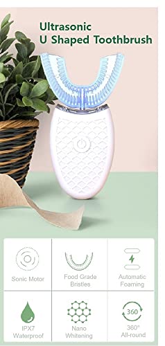 Ceqcin Adult Sonic Electric Toothbrush Set, U-Shaped Toothbrush 4 Modes, Built-In Smart Timer, Teeth Whitening,Hands Free Toothbrush(Pink) #TOP5