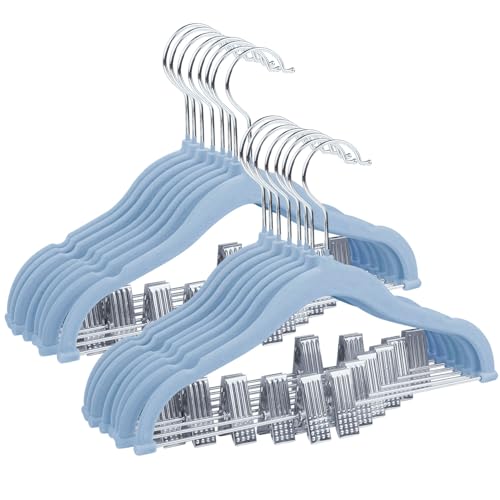 ManGotree Perchas de Terciopelo para Bebés de 30 cm con Clips Móviles, Perchas Antideslizantes para Ropa de Niños, Percha de Fieltro para Niños Ultrafinas Que Ahorran Espacio (Paquete de 16, Azul)