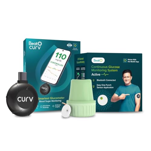 BeatO Combo: CURV Glucometer + BeatO CGM | Auto-Saves Readings | Sugar Test Machine | Android | Smartphone Connected Glucometer Machine | ISO Certifie