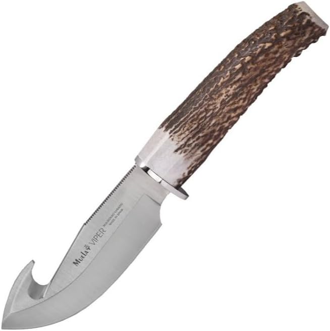 VIPER-11A Genuine Red Stag Antler Handle Hunting Knife with Leather Sheath