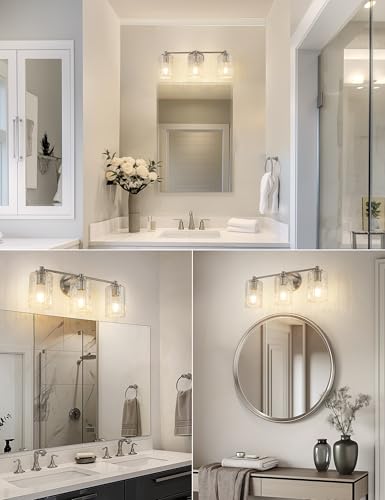 Image of DORESshop Bathroom Light Fixtures, 3-Light Brushed Nickel Bathroom Lighting Fixtures Over Mirror, Modern Vanity Lighting with Crystal Glass Shade, Wall Sconce for Mirror Bedroom Dressing Room Hallway