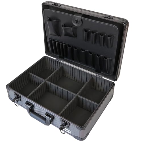 HMF Mallette à outils en aluminium vide avec 17 compartiments à insérer pour outils, grande caisse à outils avec compartimentage réglable | 46 x 33 x 15...