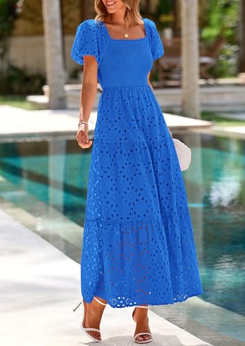 Image of PRETTYGARDEN Summer Dresses for Women 2026 Eyelet Square Neck Puff Sleeve Smocked Wedding Guest Maxi Dress with Pockets