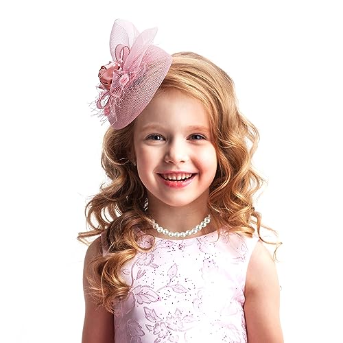 Cute Mini Fascinator Hats - Pink Mini Elegant Veil Mesh Hat with Pearl Necklace Set for Women Girls, Little High Tea Party Kentucky Fascinator with Clip for 1920s 50s Accessories