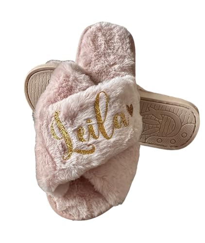 Personalized Bride Fluffy Slippers, Custom Bridesmaid Shoes for Wedding Day, Bachelorette Party Bridal Shower Gift for Bride, Hen Fluffy Slide On Girls Night Sleepover (blush S)3