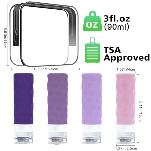 Image of Silevoler Travel Bottles for Toiletries, 4pcs Tsa Approved 3oz Travel Size Containers, BPA Free Leak Proof Premium Silicone Bottles, Refillable Liquid Squeezable Accessories W /Toiletry Bag(Purple)