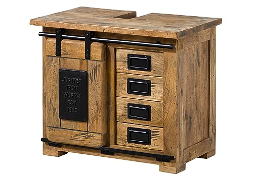 MASSIVMOEBEL24.DE|Railway massiver Unterschrank Natur, lackiert | aus Mangoholz | 70x40x60 | 2 Fächer + 4 Schubladen - mit Schiebetür | Aufbewahrungsschrank Flurschrank