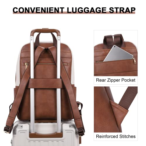 Cluci Leather Laptop Backpack For Women 15.6 Inch Computer Backpack Stylish Travel Backpack Airline Approved Work Daypack Bag Off-White With Brown #TOP2