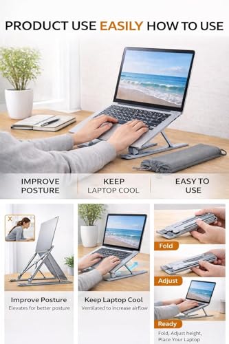 Image of KATYAYANI Adjustable Laptop Stand for Desk | Portable & Foldable Aluminium Laptop| Heat-Dissipation, 7-Level Height Adjustable Holder | Compatible with 10-17 Inch Laptops, Tablets Carry Pouch Included