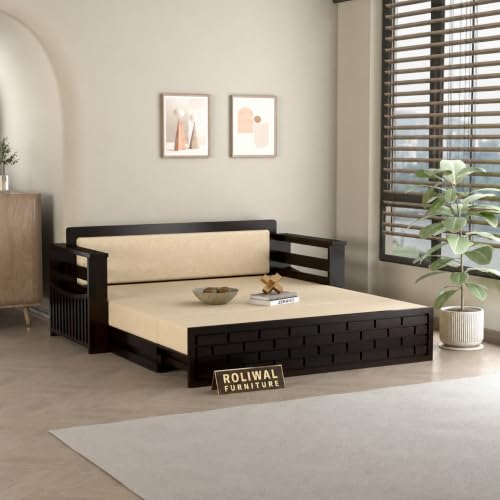 Image of Solid Sheesham Wood Sofa Cums Bed with Mattress & Storage | Rosewood Convertible Sofa Bed for Living Room & Bedroom (E-Walnut, 3 Seater)
