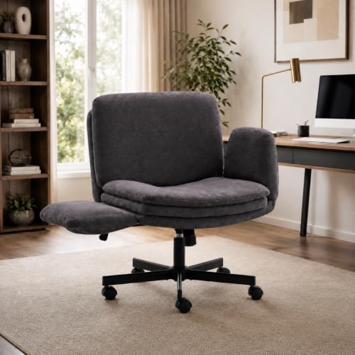 Image of Armrests Criss Cross Chair - Wide Comfy Swivel Vanity Chairs with Wheels, Comfortable Adjustable Home Office Desk Computer Chair for Reading Room, Bedroom, Makeup Room (Dark Gray)