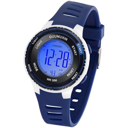 GUUMUXIN Reloj Digital para Niños, Reloj Deportivo con 7 Luces Indicadoras de Color, Pantalla de Reloj Acrílica, Resistente al Agua hasta 3 ATM, Reloj de Pulsera para Niñas y Niñ