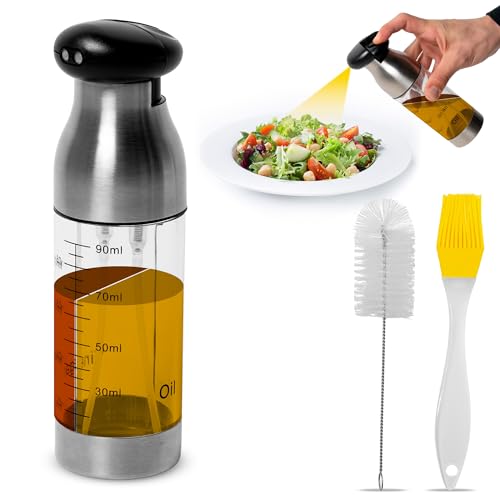 DENOVION PULVERIZADOR DE ACEITE 2 in 1 200ml - Aceitera Antigoteo Acero Inoxidable Y Cristal Dispensador de aceite para Cocina, Ensalada,Brasa y freidora de aire.