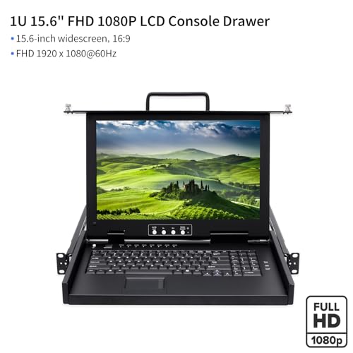 Image of 1U Rack Mount KVM Console - 8 Port HDMI KVM Switch with 15.6 inch 1080P Rack Mounted Monitor Keyboard Mouse, 50,000 MTBF, Fit 19'' Rack, OSD Hotkey Button Switching, Short Depth LCD KVM Drawer