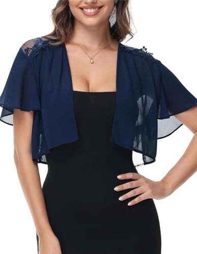 Kate Kasin Chaqueta de punto para mujer de manga corta con cuello en V Empalme de encaje Casual con volantes Elegante, azul oscuro, XXL