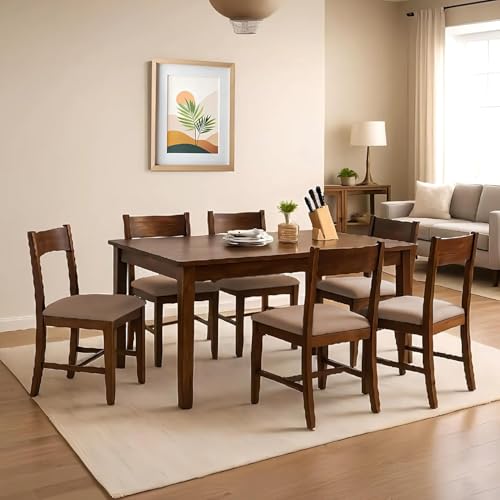 Image of EXCEL HOME 7-Piece Dining Room Set, Solid Wood Table and 6 Chairs with Grey Cushions, Dark Brown
